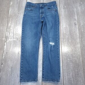 Levi's 501 Jeans Womens 28 Blue Straight Cropped Distressed Button Fly Denim